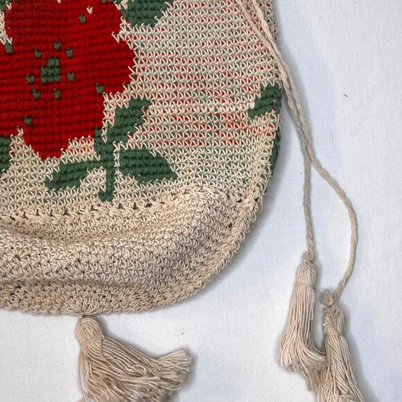Antique 1920s Macrame Crochet Drawstring Purse Orange Flower Crossbody Tassels - Picture 14 of 16